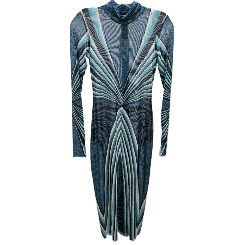 AFRM Shailene Mesh Midi Dress Aqua Animal Blue Geometric Leopard Mock Neck XS